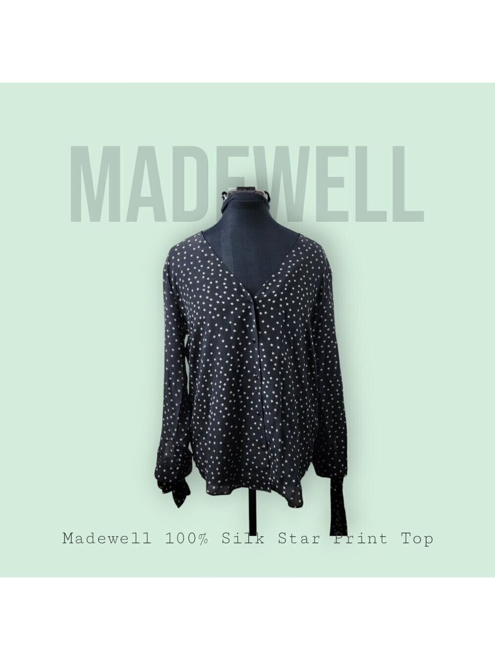Madewell 100% Silk Star Print Blouse M Black White | Tie Sleeve, Button Front